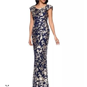 Betsy & Adam Navy and Gold Maxi Dress